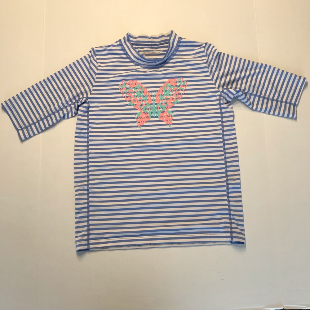 Coolibar Girls Blue White Stripe Butterfly Rash Guard Top UPF 50+ Size XL 14-16.